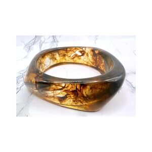 Chunky Brown Marbled Lucite Bangle Bracelet Tortoiseshell Clear 8"